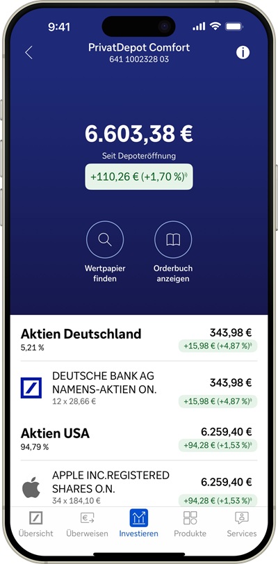 Mobile Banking-App zeigt die Übersicht des Investmentportfolios mit Performance-Zusammenfassung.