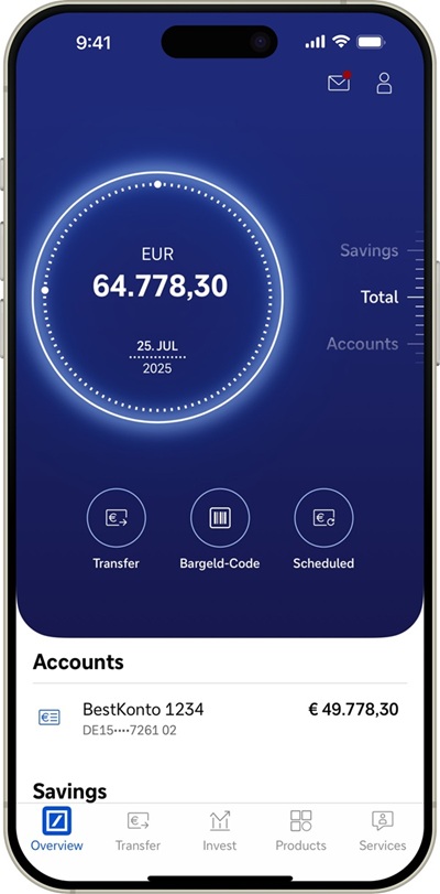 Mobile banking app displaying account overview and balance.