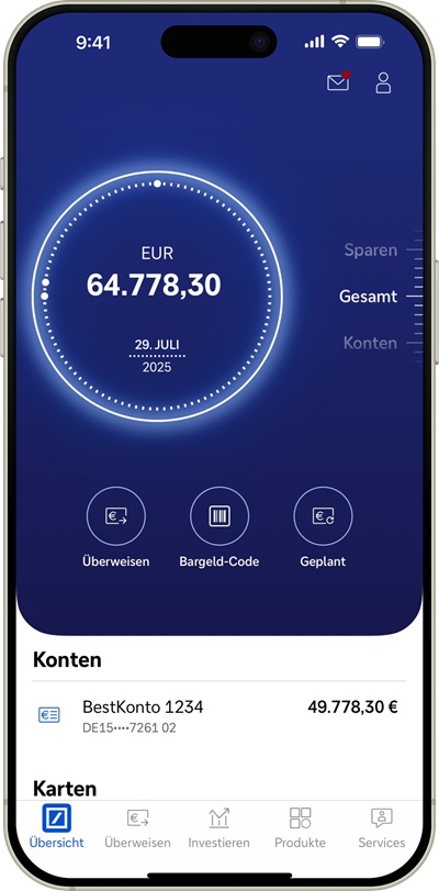 Mobile Banking-App zeigt Kontoübersicht und -stand.