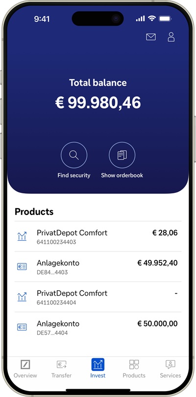 Mobile banking app displaying a portfolio overview with a total balance of €99,980.46.