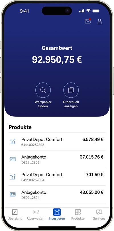Mobile-Banking-App zeigt eine Portfolioübersicht mit einem Gesamtbestand von 92.950,75 €.