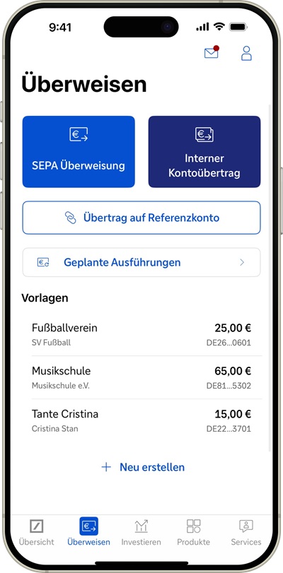 Mobile-Banking-App-Bildschirm mit Überweisungsoptionen und Vorlagen.
