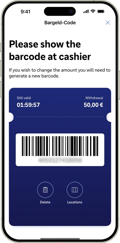 Mobile cash withdrawal barcode for 50.00€.