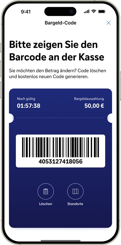 Barcode für mobile Bargeldauszahlung von 50,00€.