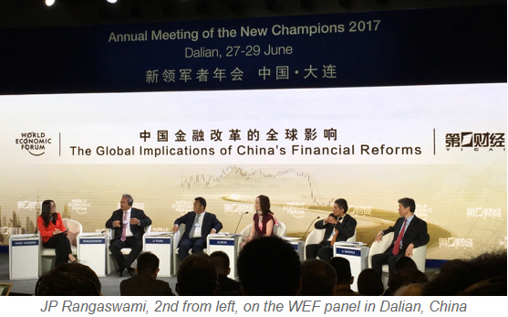 JP Rangaswami, 2nd from left, on the WEF panel in Dalian, China