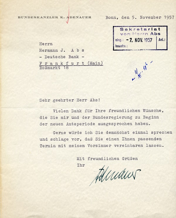 Schreiben von Bundeskanzler Adenauer an Vorstandssprecher Hermann J. Abs vom 5. November 1957